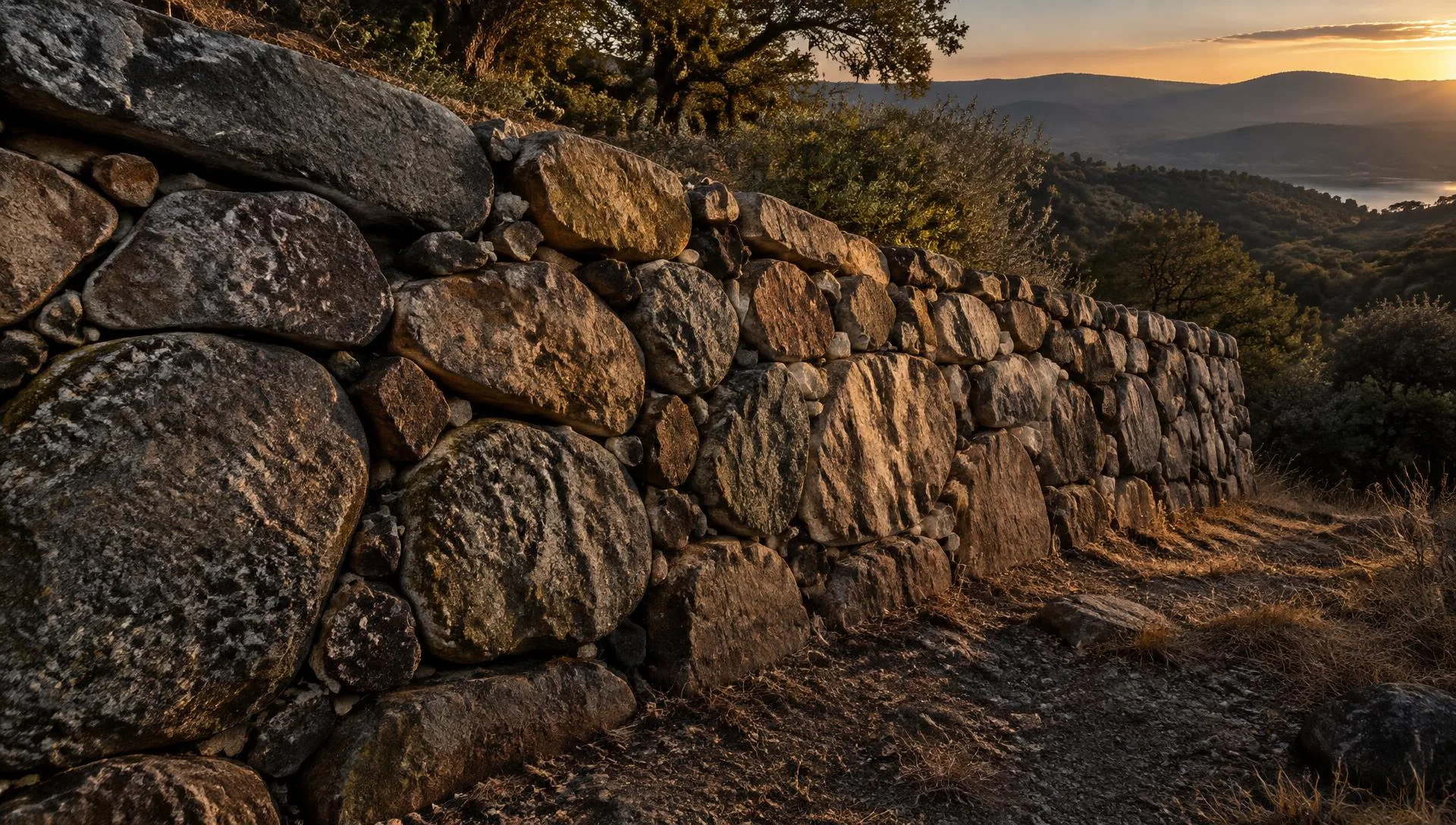 Hand-stacked stone wall in the Sierra foothills at sunset